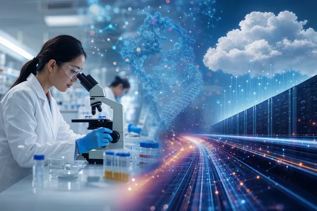 Illustration of AI and cloud computing linking laboratory research data with computational drug discovery