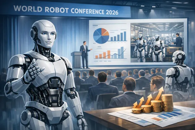 Humanoid robots demonstrating coordinated industrial tasks on a factory production line at a robotics conference