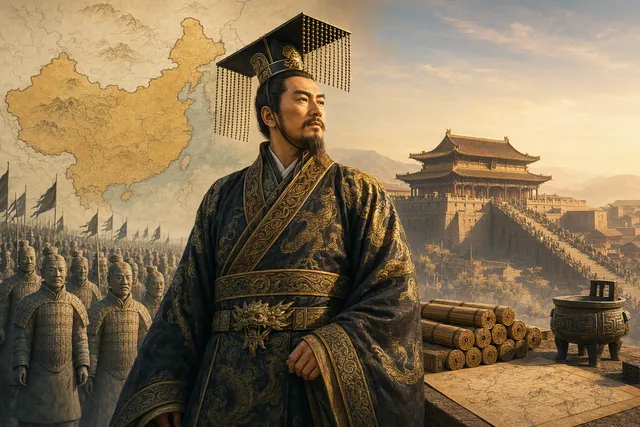 Editorial illustration representing Qin Shi Huang and the unification of China