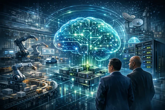 Advantech AI Factory Brain architecture diagram with NVIDIA edge devices and multi-agent factory floor illustration