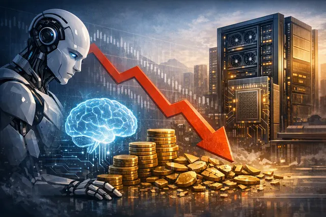 Abstract editorial illustration of falling AI token prices colliding with rising semiconductor and server costs