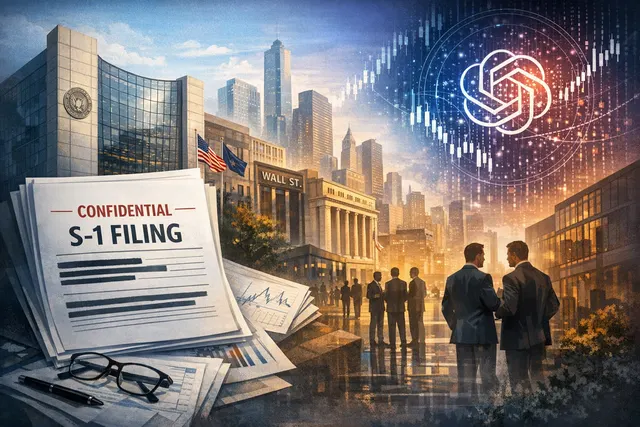 An editorial illustration representing OpenAI's confidential S-1 IPO filing, featuring financial charts and the OpenAI logo over a stock market backdrop.