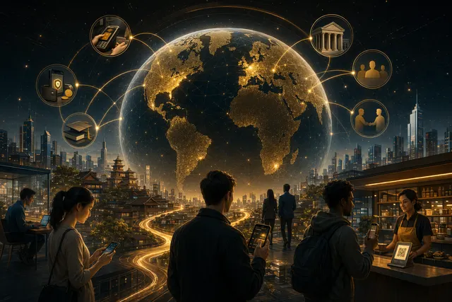 Illustration representing Binance’s global crypto ecosystem with payments and users