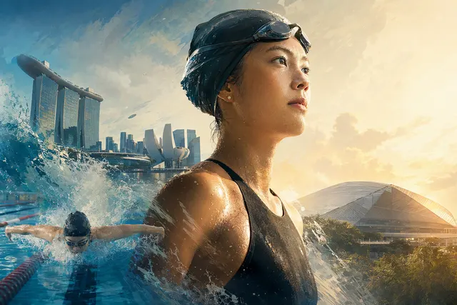 AI-generated editorial illustration accompanying a story about swimmer Amanda Lim’s Asian Games campaign