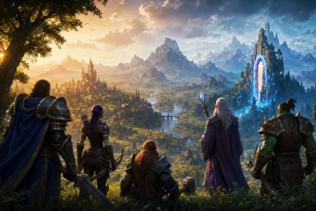 Fantasy adventurers in a reimagined Azeroth landscape representing World of Warcraft: Forever