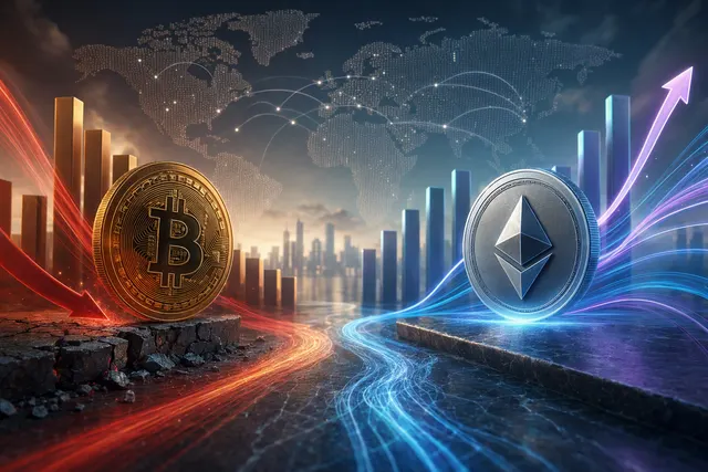 Illustration of Ethereum and Bitcoin symbols representing diverging U.S. spot ETF flows