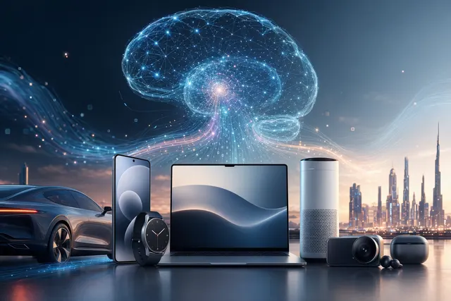 Conceptual illustration of Xiaomi’s AI ecosystem strategy connecting smartphones, EVs, and smart devices powered by large AI models