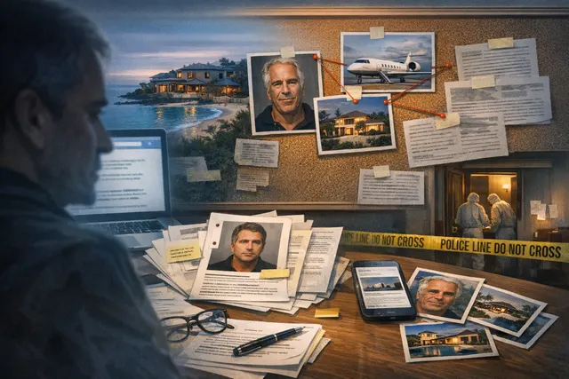 Editorial illustration depicting a police investigation scene outside a Paris suburb home, with declassified Epstein documents in the foreground