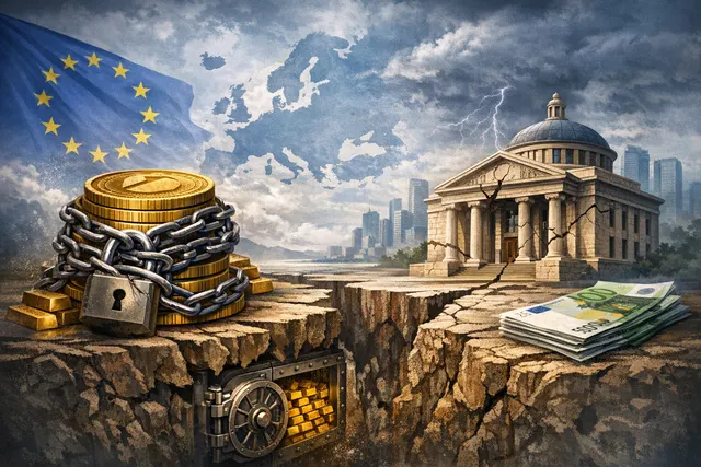 Editorial illustration representing a bridge connecting a cryptocurrency token and a European bank, symbolizing the structural link created by MiCA regulation and the crisis-risk v