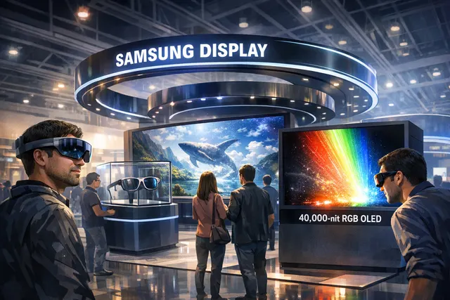 Illustration of Samsung's RGB OLEDoS microdisplay technology with a bright panel overlaying a futuristic smart glasses concept.