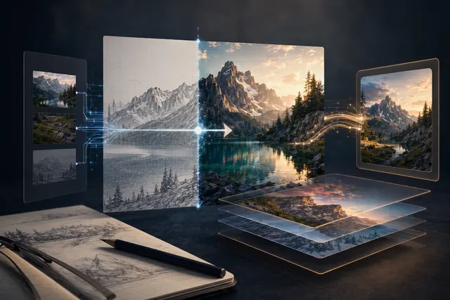 Editorial illustration of an AI image model editing an uploaded photo from a prompt