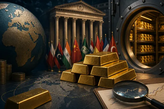 Editorial illustration accompanying an analysis of gold prices and central-bank buying