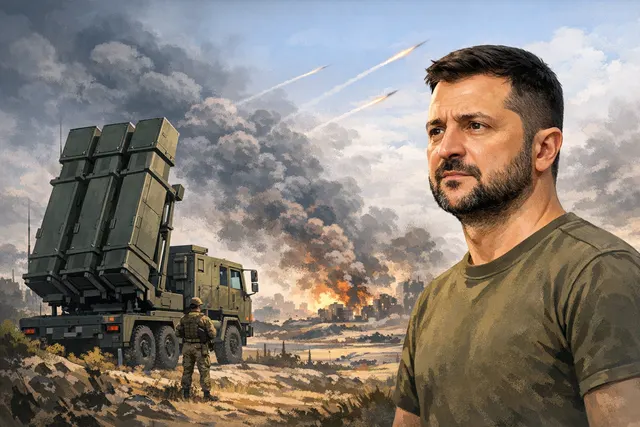 A German-supplied IRIS-T air defense launcher positioned at dusk, symbolizing the arrival of critical Western military aid to Ukraine during record-breaking aerial bombardment in M