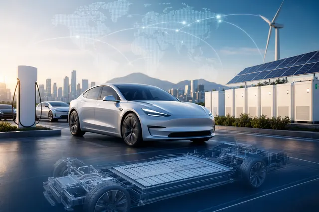 Illustration representing Tesla electric vehicles, energy storage, and AI-driven future technologies