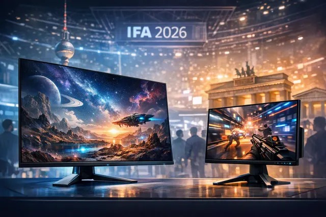 AI-generated illustration of two Alienware OLED gaming monitors, one large 4K display and one high-refresh esports display