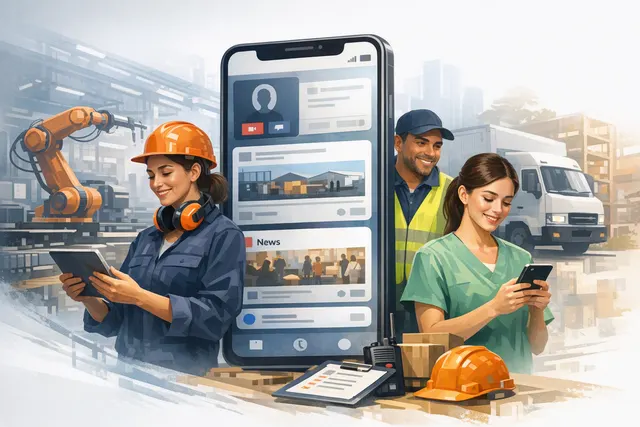 Illustration of AI tools connecting frontline workers to workplace apps and communications