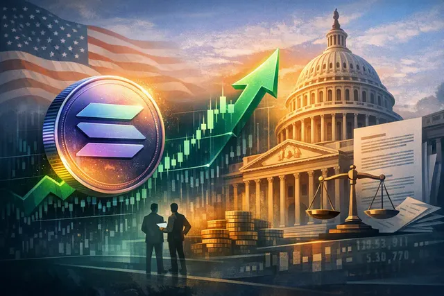 Editorial illustration of Solana’s August 2026 rally above $90 amid crypto regulation and market momentum
