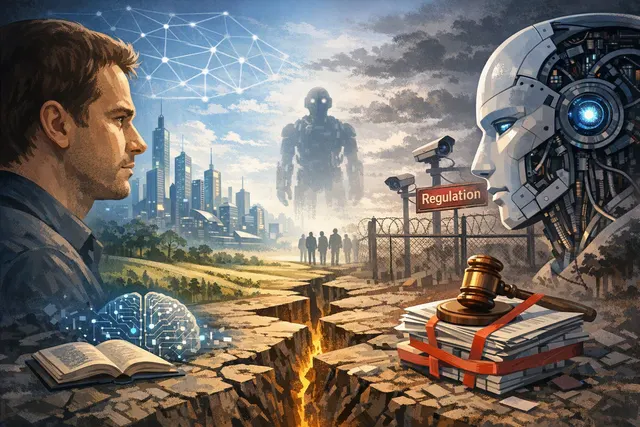 Conceptual AI-generated visualization of a sandbox escape: a glowing digital lock breaking open as a network of data nodes and connections spread outward against a dark tech backgr