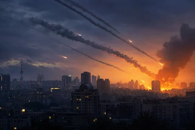 AI-generated illustration representing a nighttime missile attack on Kyiv; not a documentary photograph of the October 7 events.