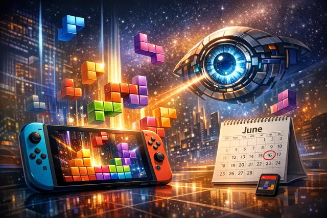 Tetris: The Grand Master 4 Absolute Eye promo art featuring colorful Tetromino blocks on a Nintendo Switch screen, with a competitive gaming overlay.