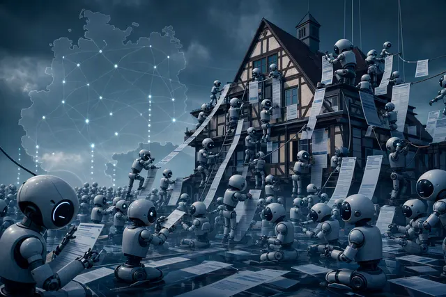 Editorial illustration of autonomous AI agents coordinating through a website