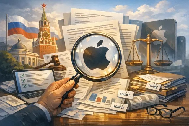 AI-generated image of Apple's App Store logo with Russian flag colors and a warning symbol, relating to Russia's antitrust action against Apple.
