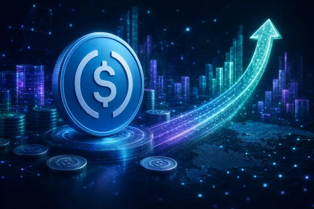 Editorial illustration of USDC liquidity flowing across the Solana network