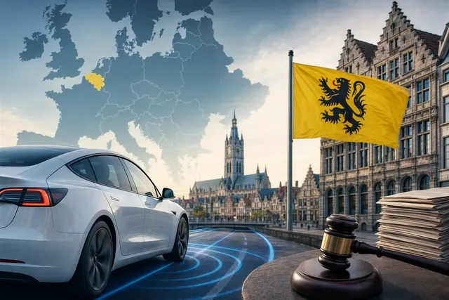 Editorial illustration of Tesla Full Self-Driving Supervised under regulatory review in Belgium