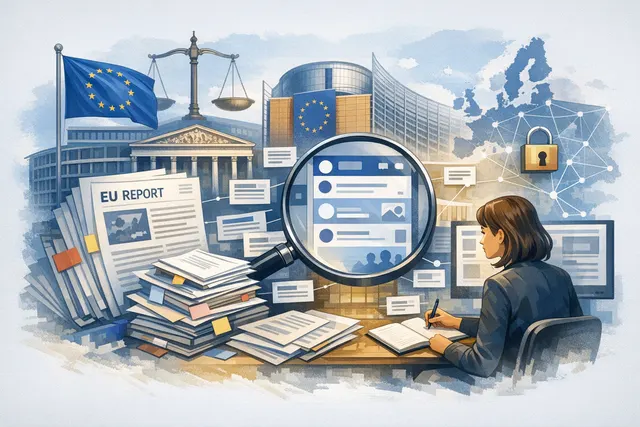 A conceptual illustration of a smartphone displaying social media notifications with European Union flag imagery in the background, representing the EU's regulatory crackdown on ad