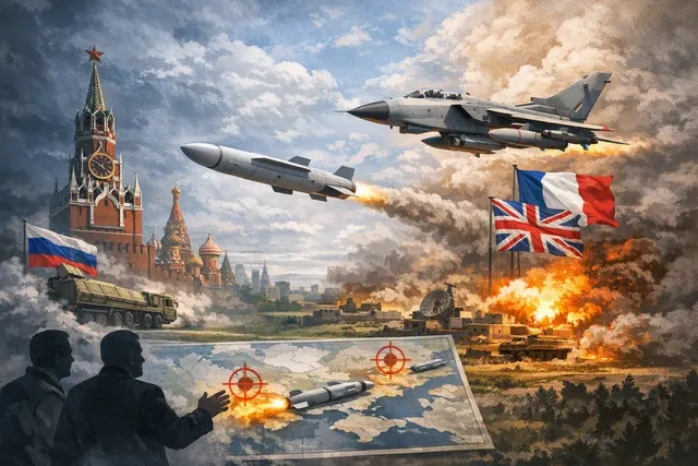 Editorial illustration of Russia’s warning to Britain and France over Storm Shadow missile technology supplied to Ukraine