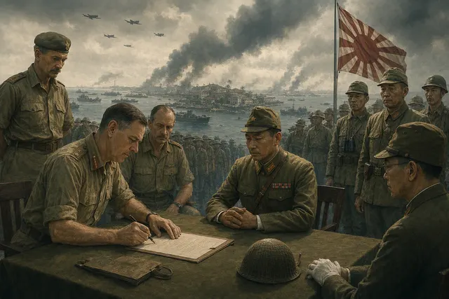 AI-generated illustration representing the 1942 Singapore surrender at Ford Motor Factory; not an archival photograph