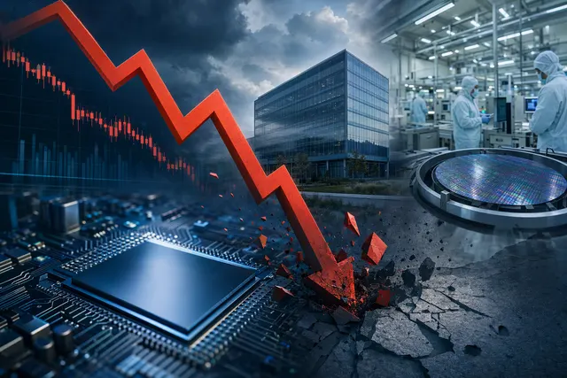 AI-generated editorial illustration accompanying coverage of Intel’s third-quarter results and sharp share-price decline.