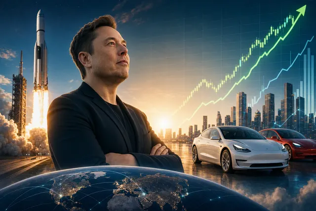 Illustration of a rocket launch and electric car representing the SpaceX and Tesla share rally