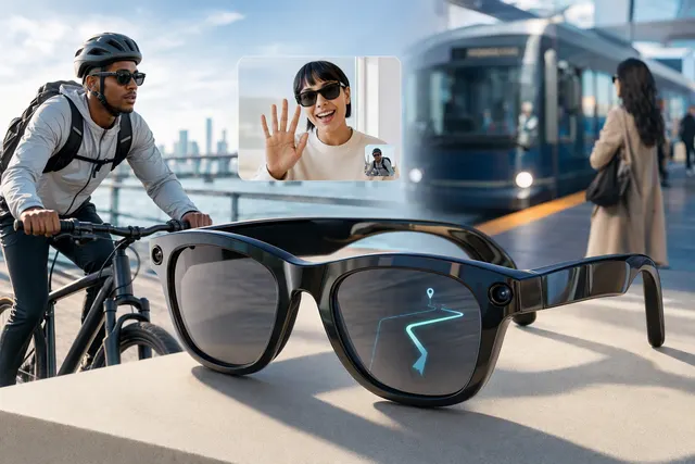 Illustration of smart glasses displaying hands-free navigation and connected features