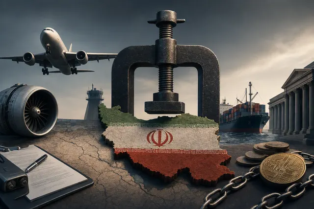 Editorial illustration representing expanded U.S. economic pressure on Iran across aviation, shipping and digital assets