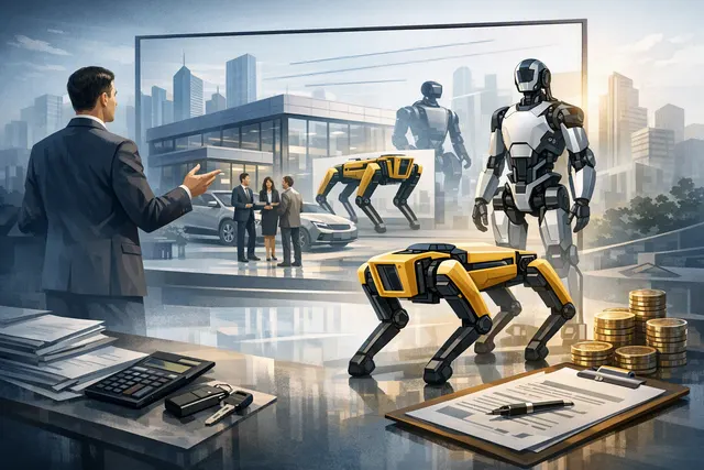 Illustration of a humanoid robot and robot dog displayed beside a Hyundai dealership