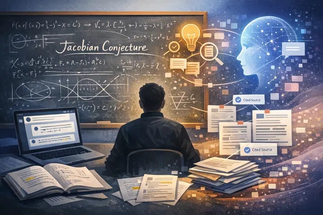 Mathematical formulas and abstract geometric shapes representing the Jacobian conjecture counterexample found by AI