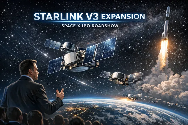 Artistic rendering of a Starlink V3 satellite in orbit above Earth with a laser mesh network connecting it to other satellites and a large Starship rocket in the background, symbol