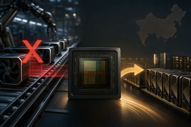 Editorial illustration of a graphics card and processor representing reports about GB202 supply and RTX Pro GPUs.