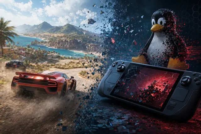 Forza Horizon style racing scene representing Linux and Steam Deck compatibility issues with Direct3D 12 and Vulkan