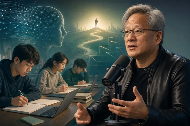 How did Nvidia CEO Jensen Huang respond on the Ezra Klein Show to a study of more than 26,000 Chinese students finding that AI sped up homew