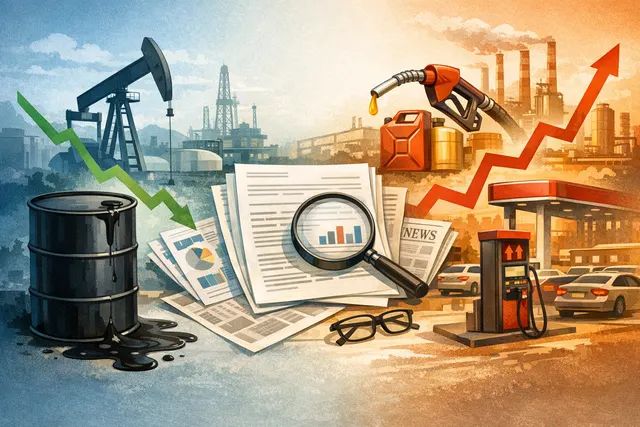 Visual representation of the divergence between falling crude oil prices and surging gasoline, diesel, and jet fuel prices