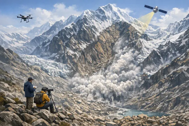Illustration of a glacier and mountainside collapsing near Langtang Lirung, sending ice, rock and floodwater through a Himalayan valley