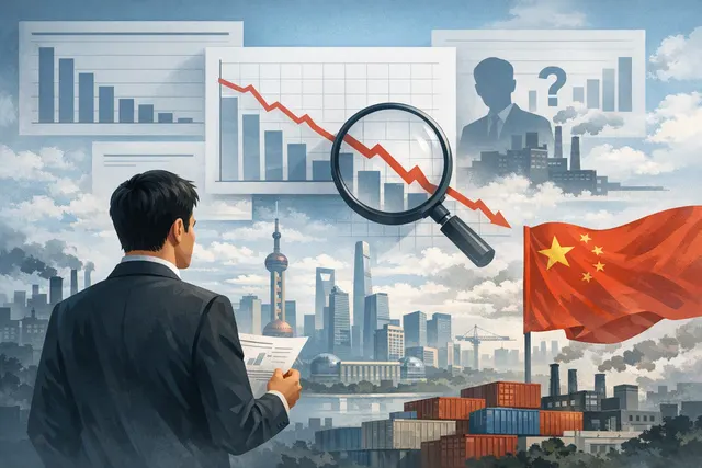 Abstract illustration of a K-shaped chart, with one arrow pointing up for technology sectors and another pointing down for traditional industries, over a city skyline.