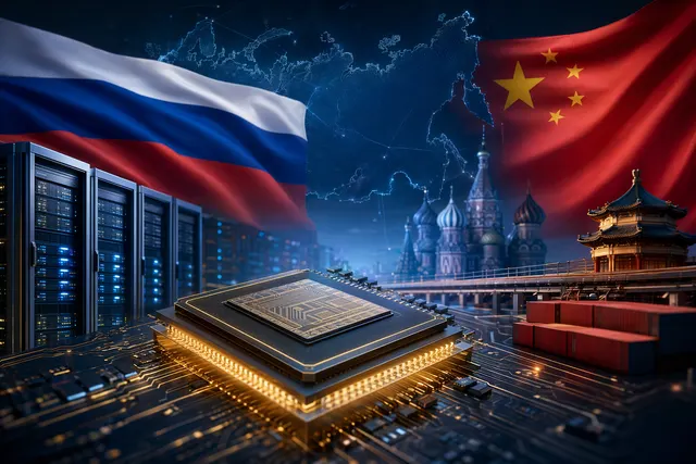 Illustration representing Russia turning to Chinese AI chips for GigaChat after Western semiconductor sanctions
