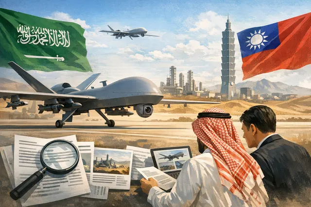 An aerial drone flying above a desert landscape, symbolizing Saudi Arabia's growing interest in Taiwanese UAVs.