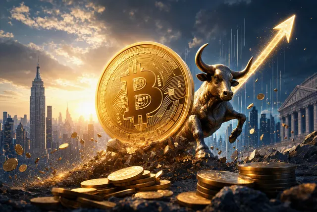 Editorial illustration of Bitcoin market volatility and price-chart momentum