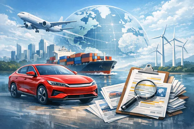 BYD electric vehicles at a charging station with a factory and global map background