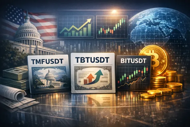 Binance Futures launch announcement for TMFUSDT, TBTUSDT, and BITOUSDT perpetual contracts tracking U.S. Treasury and Bitcoin ETFs