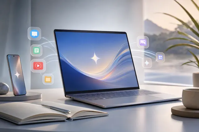 Editorial illustration of a Googlebook laptop with Gemini-inspired interface elements